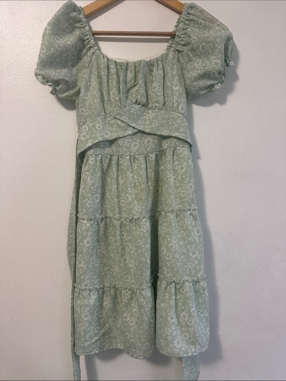 Rare Editions Mint Green Floral Puff Sleeve Tiered Dress